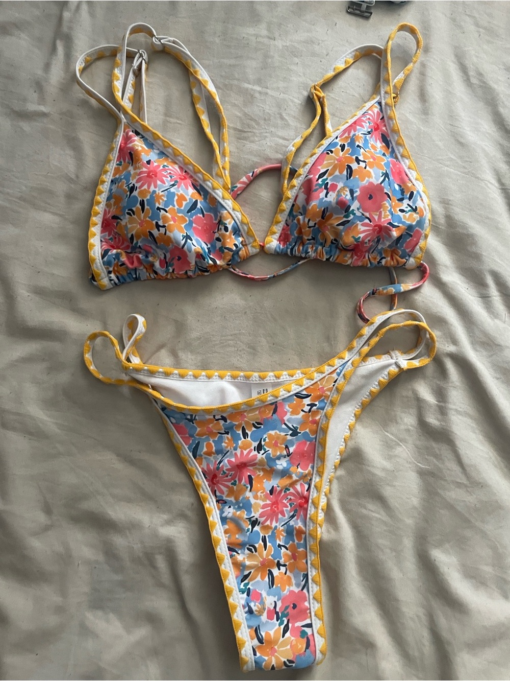Never worn! Floral Triangle Bikini Set in Yellow and Pink